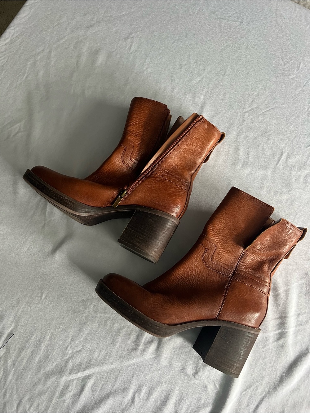 Franco Sarto Cognac Brown Leather Block Heel Ankle Boots